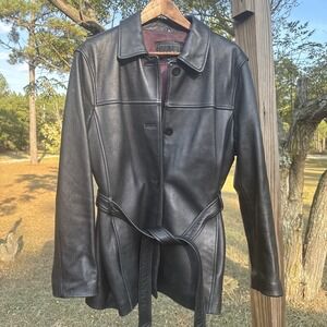 Vintage Adler Collection Black Lambskin Leather Jacket Size XL Belt Button up‎